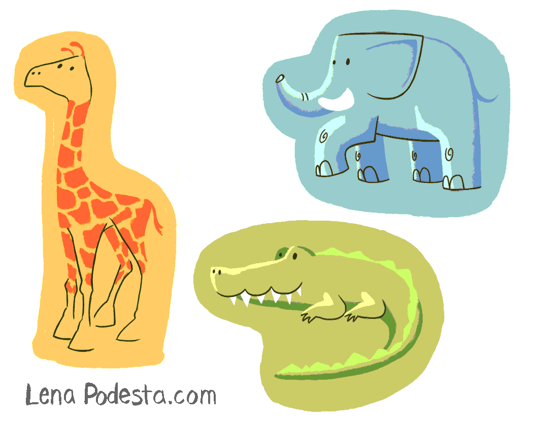 Illustration of giraffe elephant and alligator