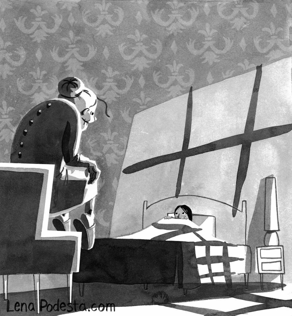 Illustration of old ghost woman haunting girl's bedroom