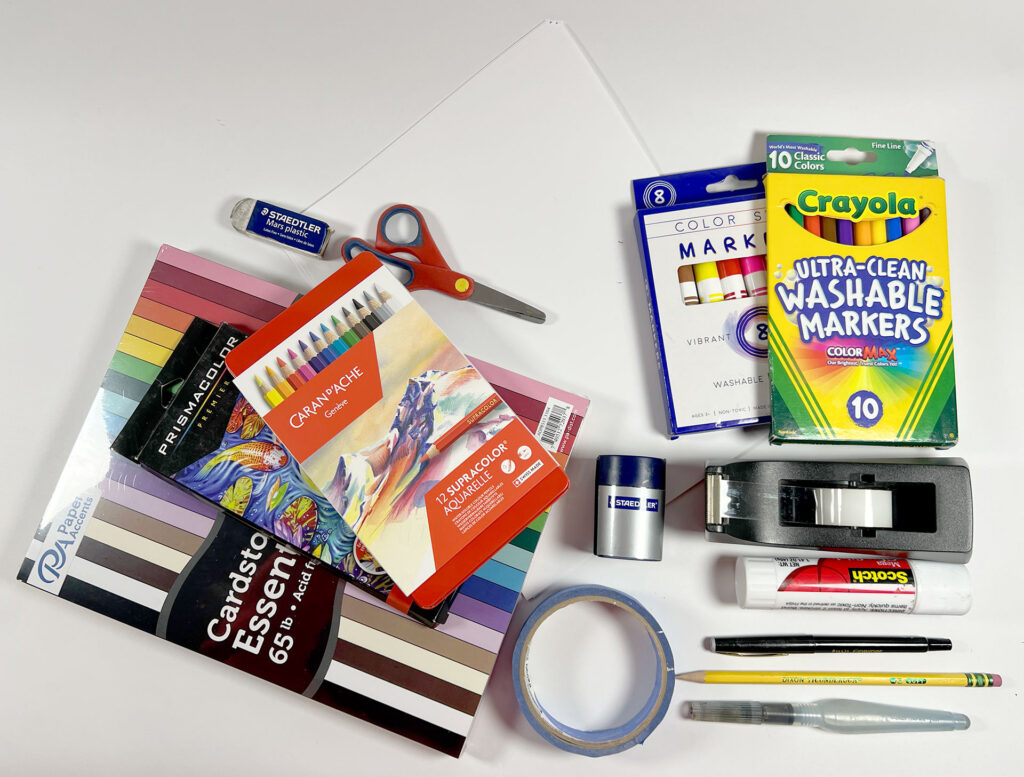 Photo of some basic art supplies for kids