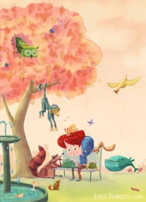 Illustration of kid sitting on park bench surrounded by animals