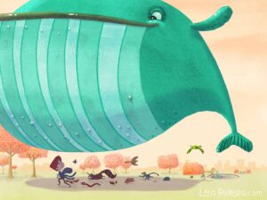 Illustration of whale and other animals chasing kid