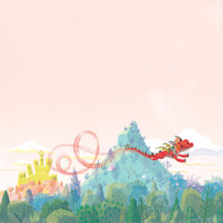 From <a href="https://www.penguinrandomhouse.com/books/318383/baby-dragon-baby-dragon-by-melissa-marr-illustrated-by-lena-podesta-read-by-jef-holbrook/" target=blank>Baby Dragon, Baby Dragon</a> by Melissa Marr illustration of dragon flying in sunset with girl on back