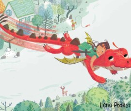 From <a href="https://www.penguinrandomhouse.com/books/318383/baby-dragon-baby-dragon-by-melissa-marr-illustrated-by-lena-podesta-read-by-jef-holbrook/" target=blank>Baby Dragon, Baby Dragon</a> by Melissa Marr Girl flying on back of dragon