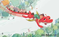 From <a href="https://www.penguinrandomhouse.com/books/318383/baby-dragon-baby-dragon-by-melissa-marr-illustrated-by-lena-podesta-read-by-jef-holbrook/" target=blank>Baby Dragon, Baby Dragon</a> by Melissa Marr Girl flying on back of dragon