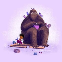 Illustration of bigfoot and a child eating lunch together