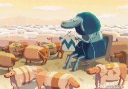Illustration of a black sheep knitting