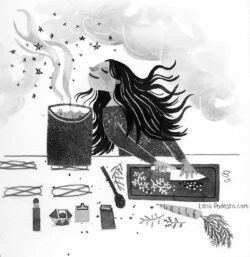 Illustration of woman cooking magical soup
