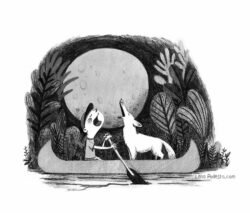 Illustration of kid and coyote in canoe howling at the moon
