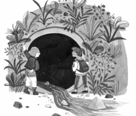 Explore Black and white illustration of two girls exploring a tunnel