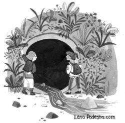 Black and white illustration of two girls exploring a tunnel