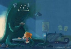 Illustration of monster playing poker with a young girl