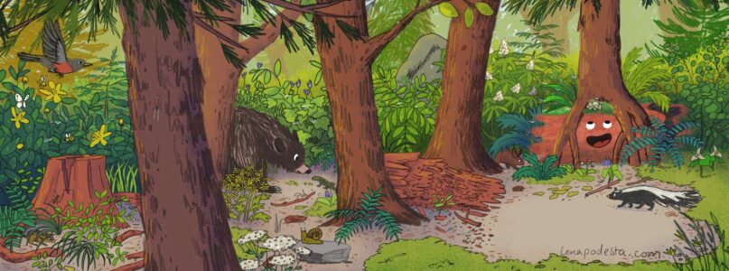 Forest scene with cartoon log and animals
