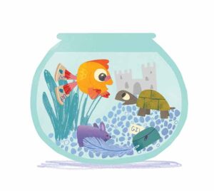 Cartoon fish and turtle friends in fishbowl