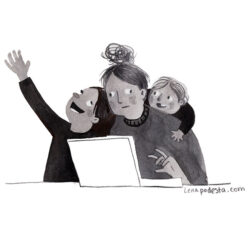 Illustration of Mom and 2 kids "working" on laptop