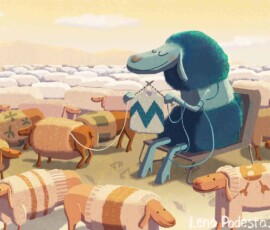 <i>Black Sheep</i> Illustration of black sheep knitting in field of white sheep