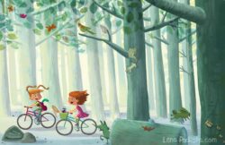 Emily Illustration of two girls happily riding bikes through a forest looking for animals