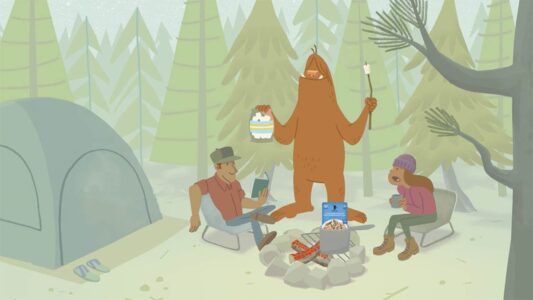 Still frame Sasquatch surprises campers with smores