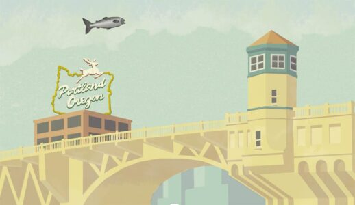 Still frame Fish flies over Portland, Oregon sign