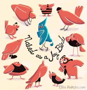 Naked Jay bird looks embarassed as clothed birds stare at him