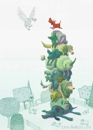 Illustration of a tower of dogs with a little orange one on top